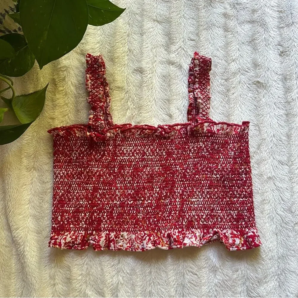 Free People Red Printed Smocked Cropped Tank Top